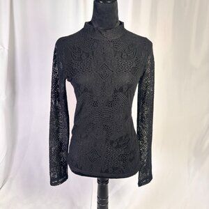 Express Black Lace Mock neck Top, Fitted Gothic Mesh, Stretch, Size Small, EUC